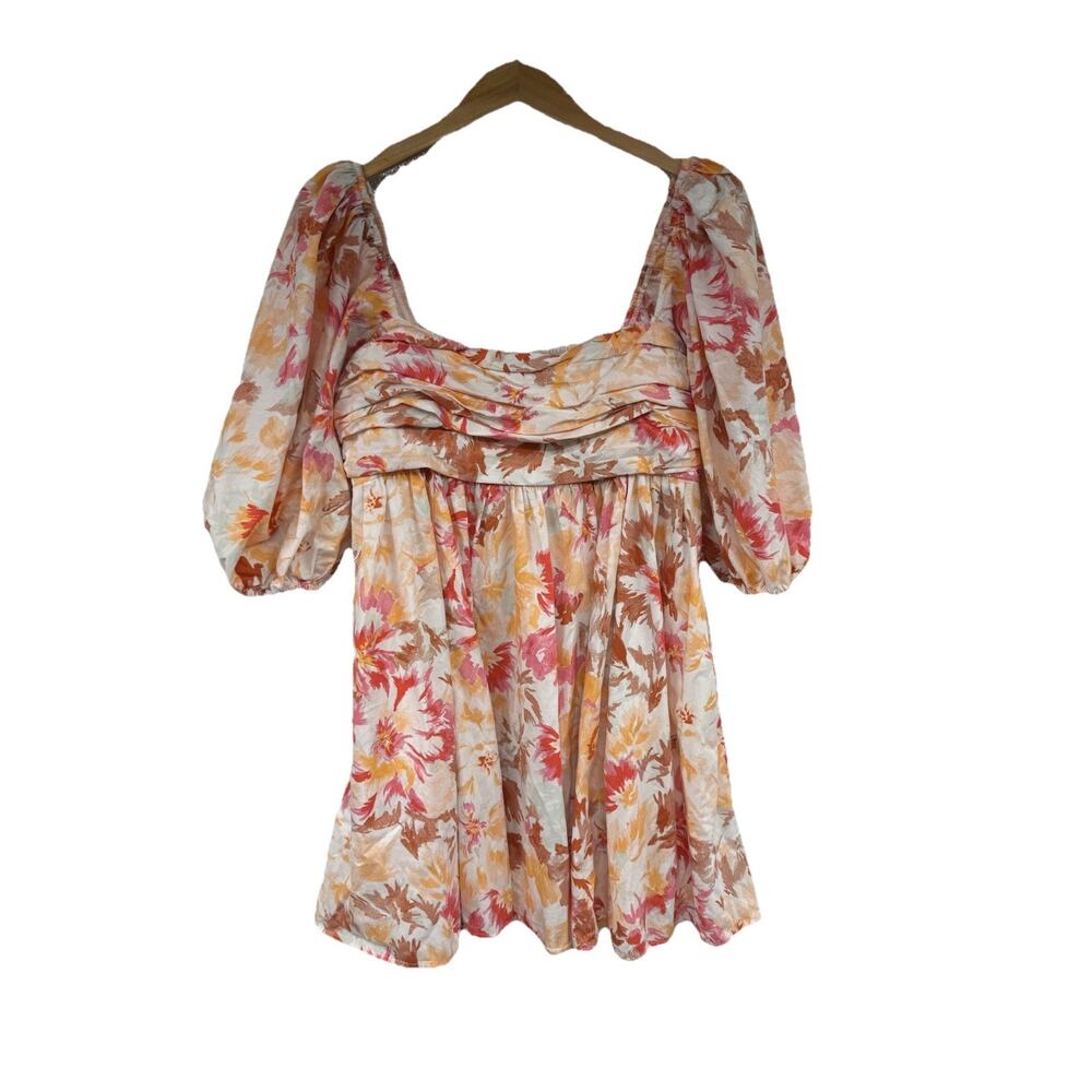 Abercrombie Fitch Emerson Poplin Puff Sleeve Mini Dress Orange Floral Womens M